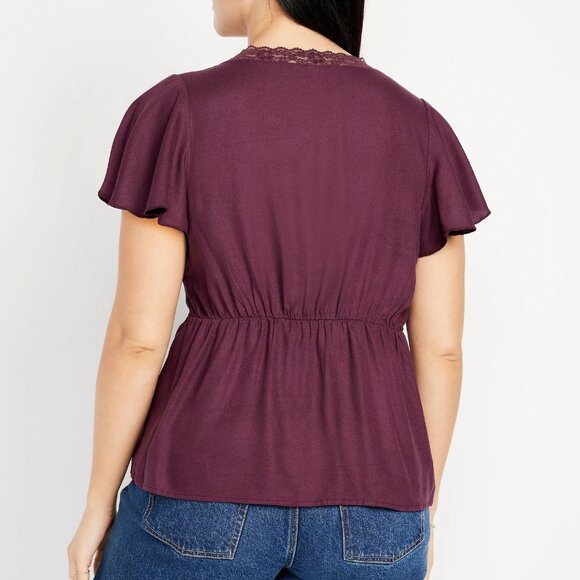 (NWT) Old Navy - burgundy lace-trim v-neck crepe top (large) - Picture 3 of 5